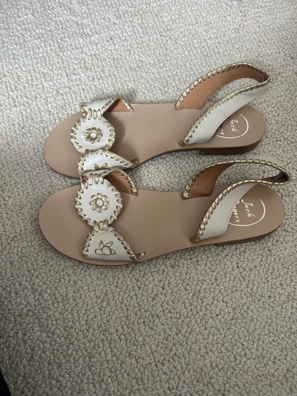 Jack Rogers Cream Leather Slingback Sandals with Gold Stitching